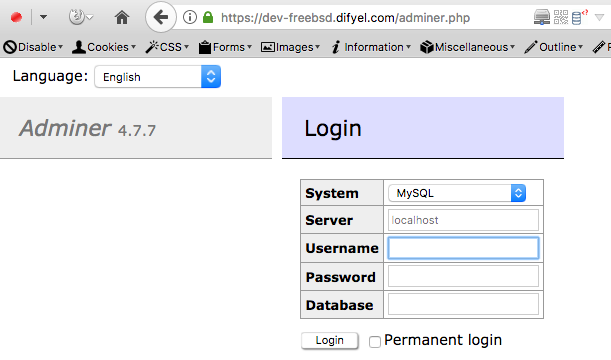 adminer login page