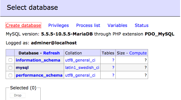 adminer mysql create database