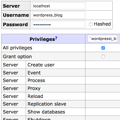 adminer mysql privileges create user wordpress
