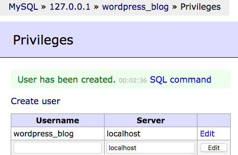 adminer mysql privileges user created