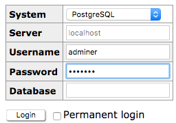 adminer postgresql login