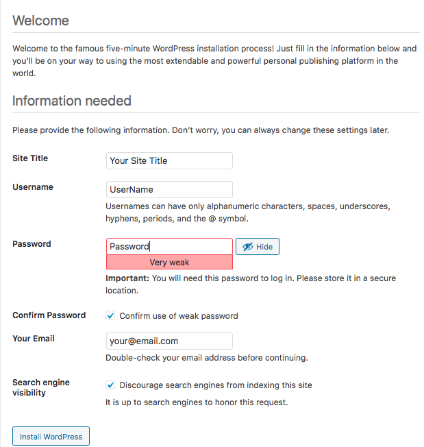 wordpress information needed