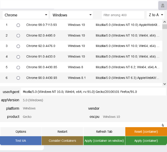 User agent switcher and manager selection image